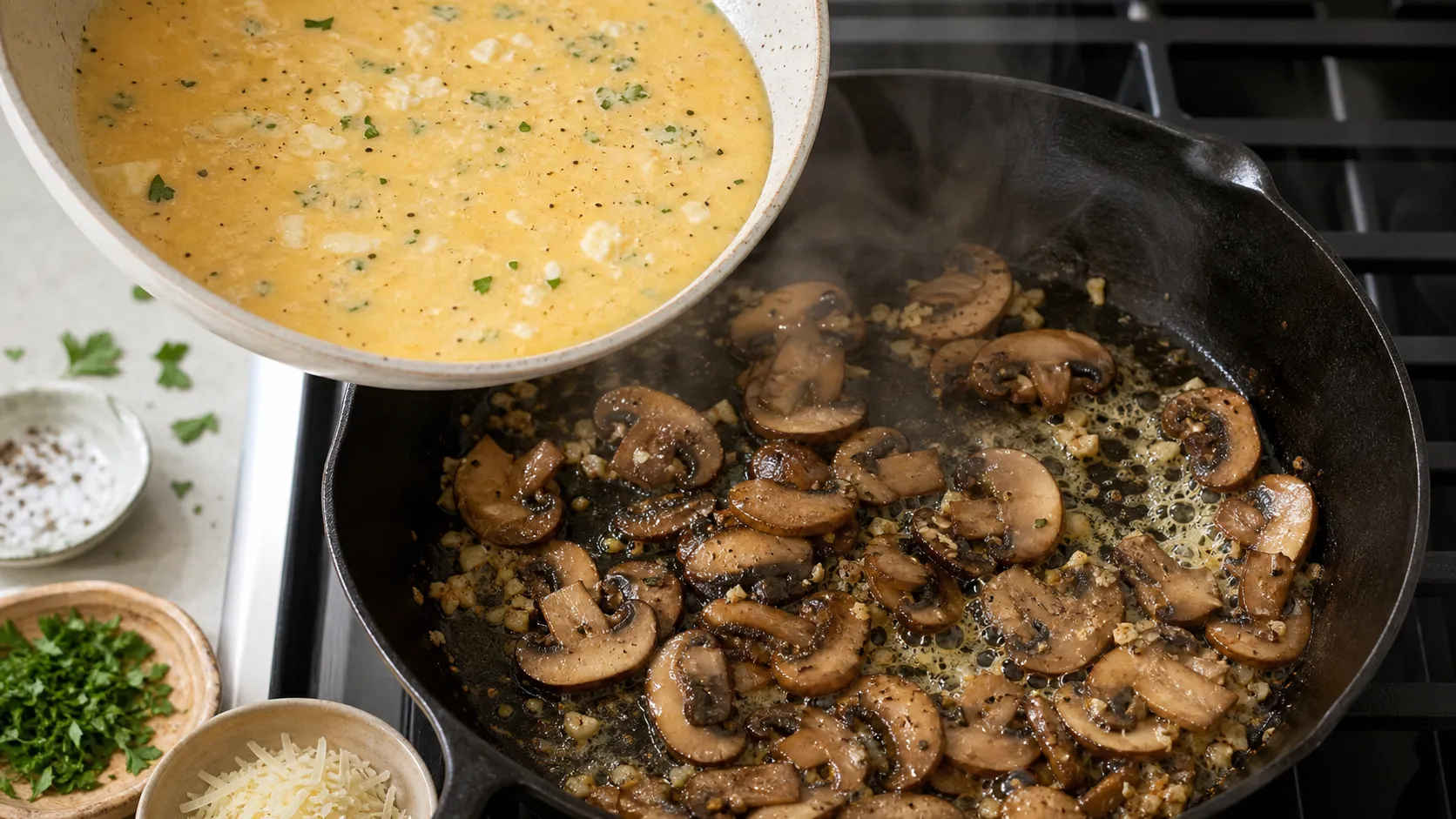 Champignons braten in der Pfanne, bevor die verquirlten Eier mit Frischkäse dazugegeben werden