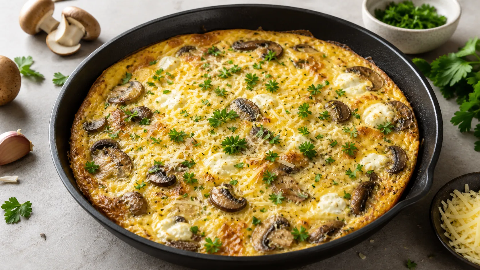 Goldbraun gebackene Keto-Frittata mit Champignons, Frischkäse und Petersilie in einer Pfanne
