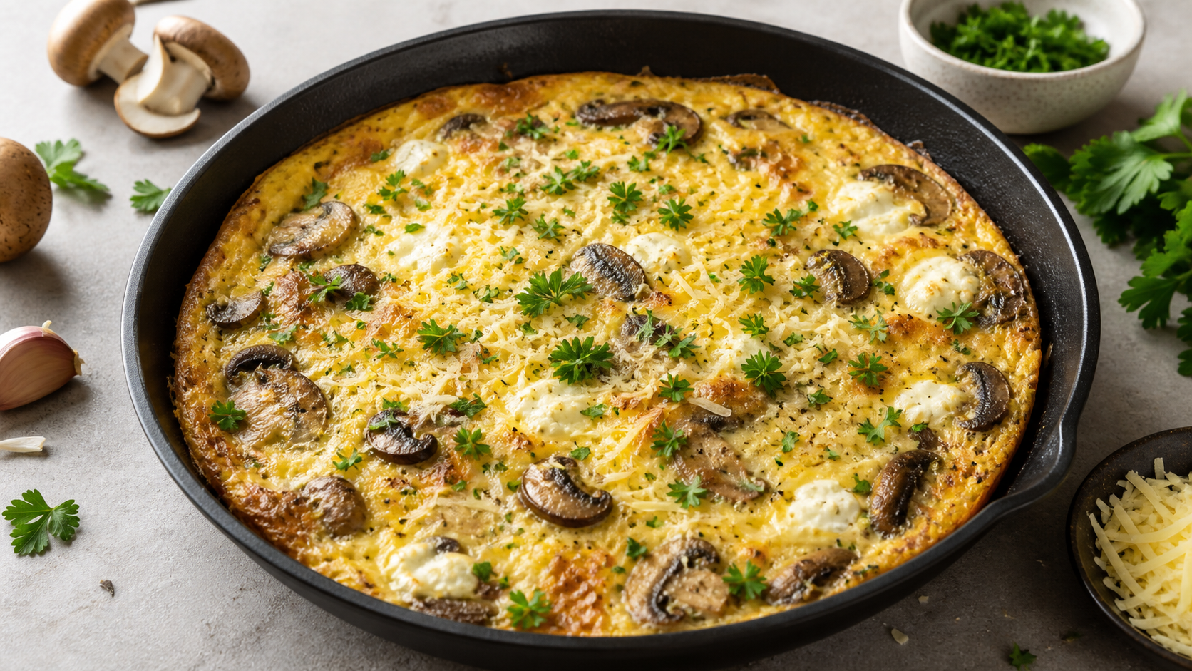 Goldbraun gebackene Keto-Frittata mit Champignons, Frischkäse und Petersilie in einer Pfanne