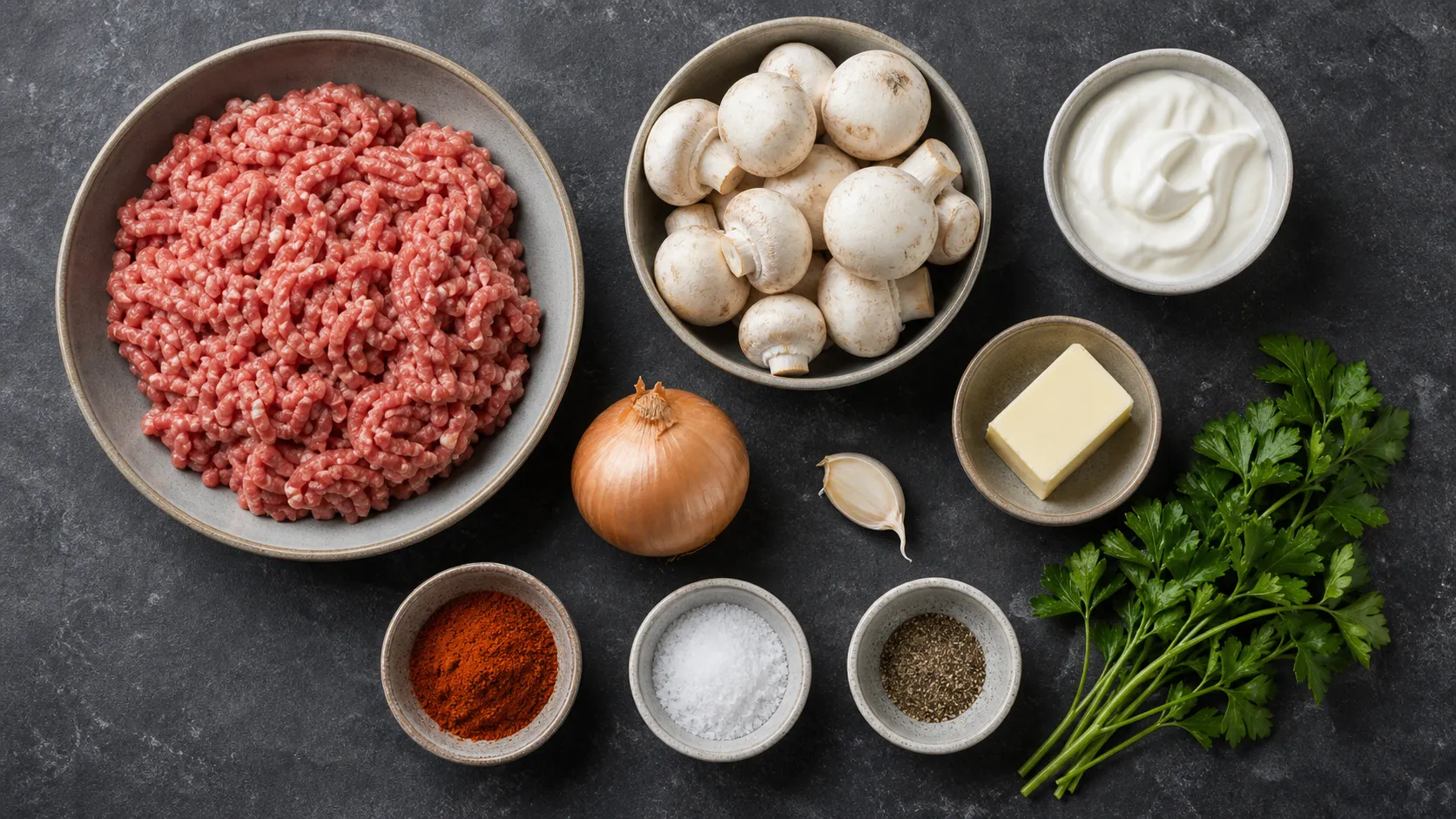 Zutaten für Keto-Champignon-Hackpfanne: Hackfleisch, Champignons, Zwiebel, Knoblauch, Schmand und Petersilie