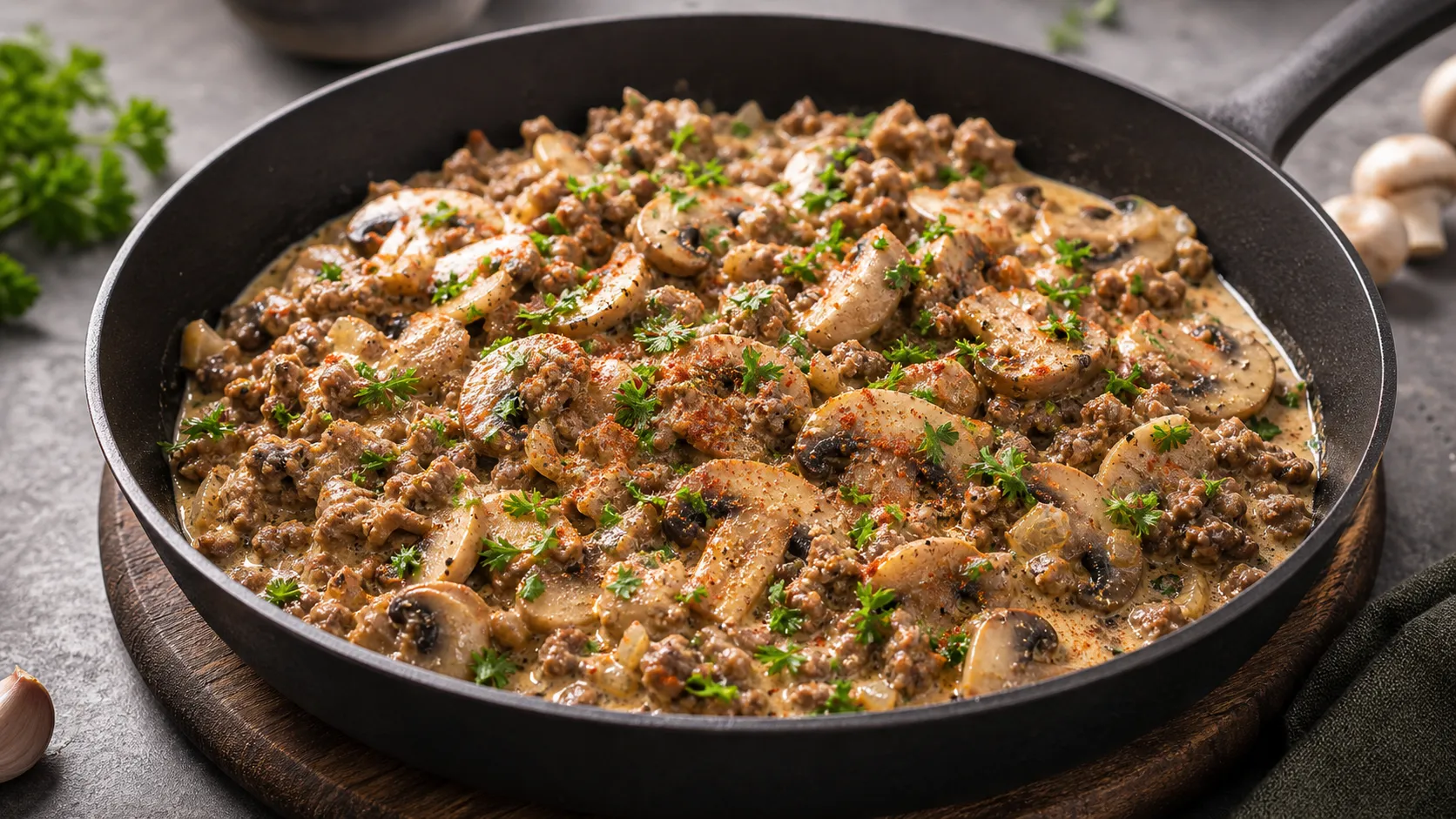 Keto-Champignon-Hackpfanne mit gebräuntem Hackfleisch, vielen Champignons und cremiger Schmand-Sauce in einer Pfanne
