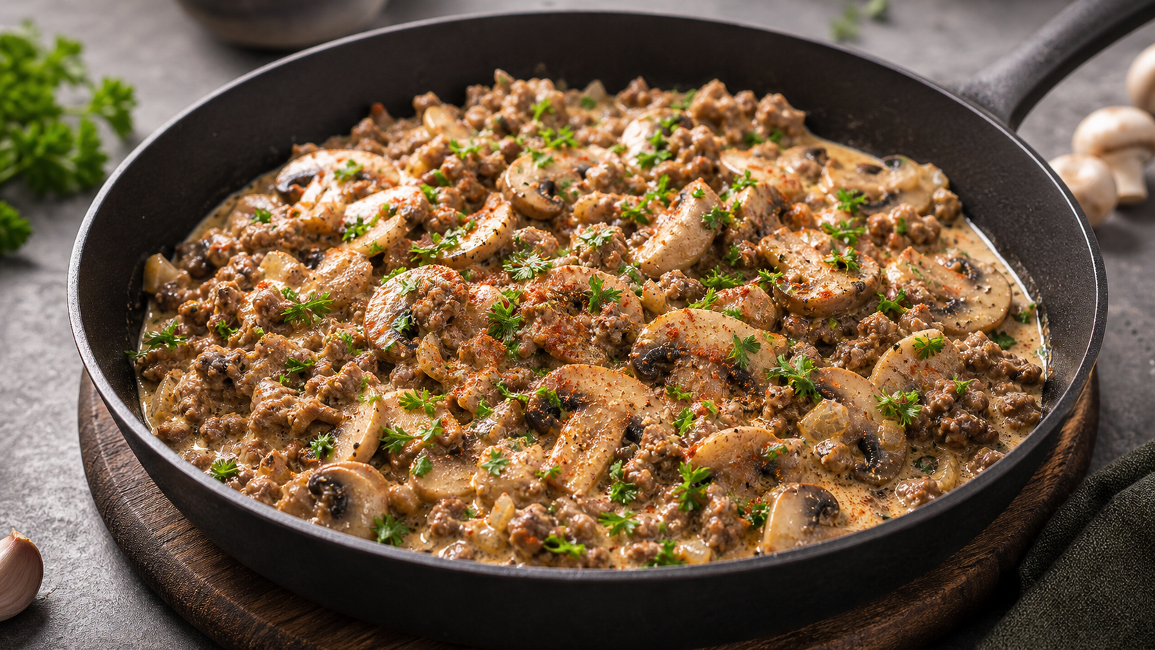 Keto-Champignon-Hackpfanne mit gebräuntem Hackfleisch, vielen Champignons und cremiger Schmand-Sauce in einer Pfanne