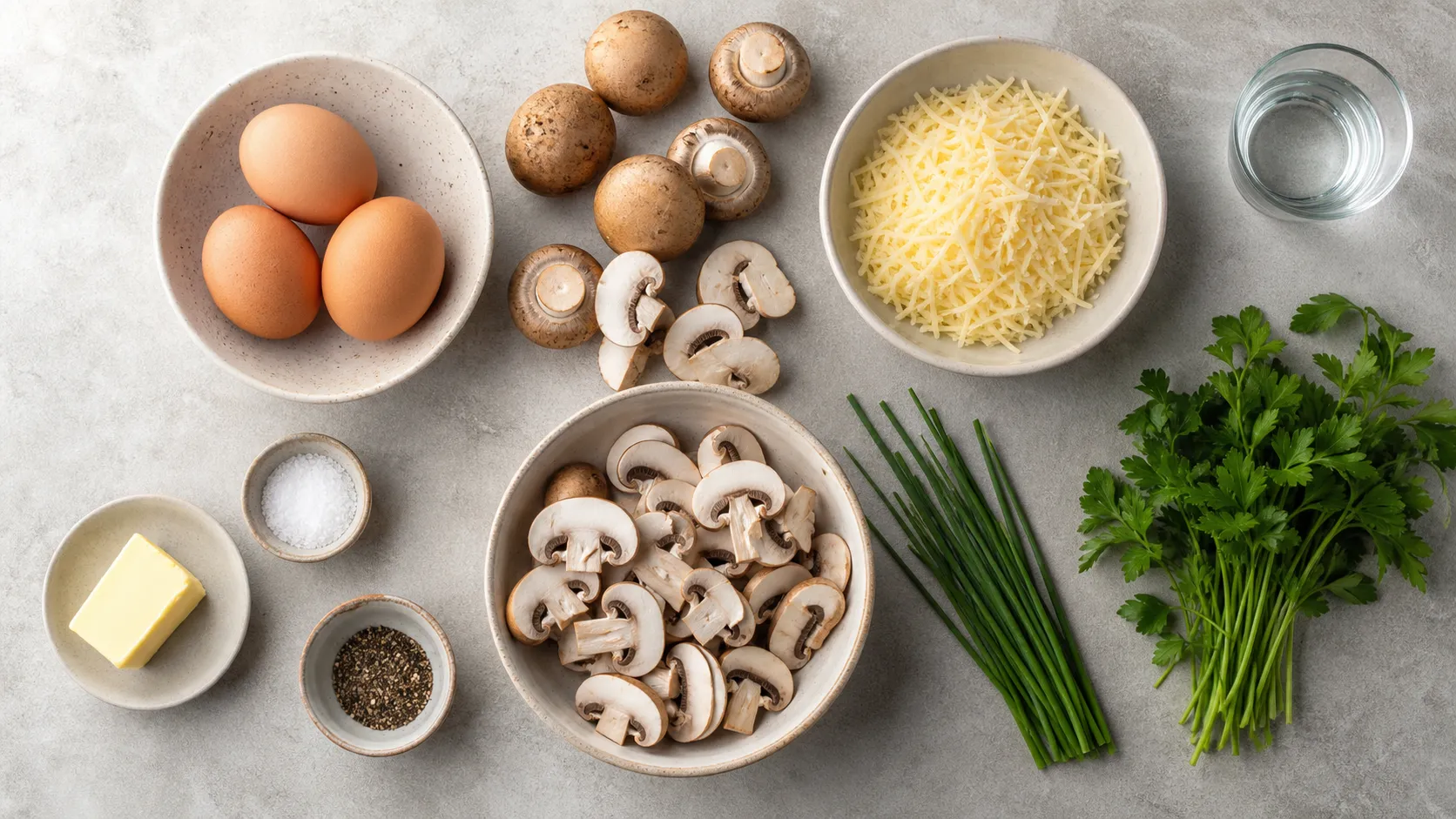 Zutaten für Keto Champignon-Omelett mit Eiern, braunen Champignons, Butter, Gruyère und Kräutern