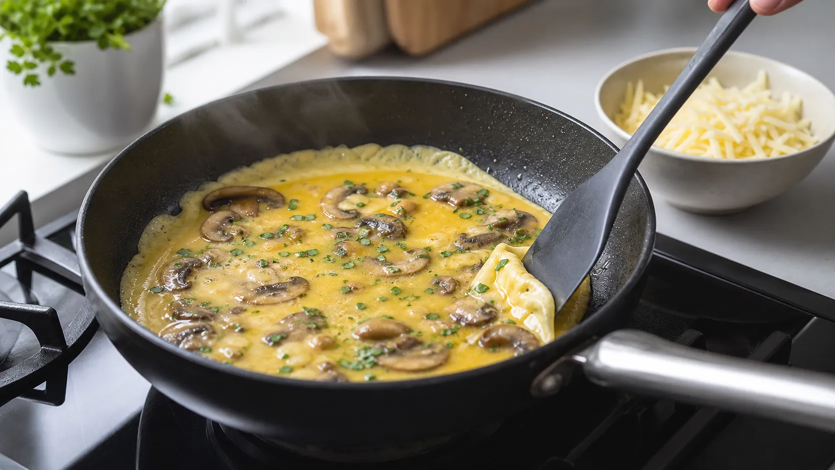 Verquirlte Eier stocken in der Pfanne mit gebratenen Champignons für ein Keto Omelett
