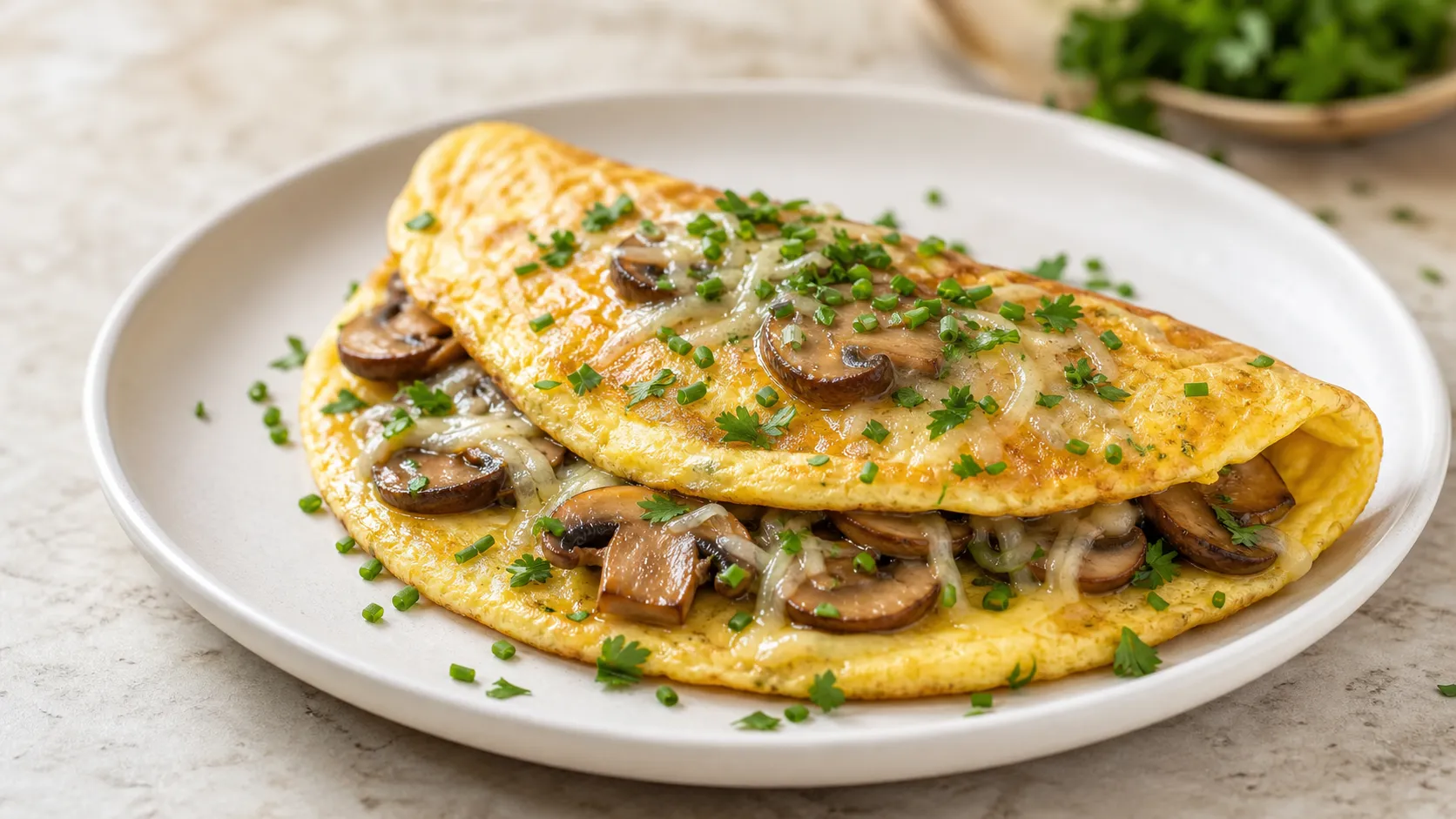 Goldgelbes Keto Champignon-Omelett mit gebratenen Pilzen, Gruyère und frischen Kräutern
