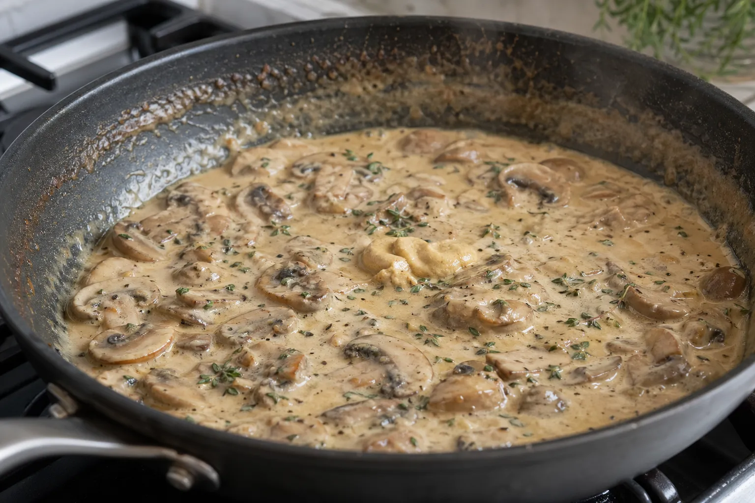 Champignon-Rahmsauce mit Sahne und Thymian in der Pfanne einkochen für das Keto-Mittagessen