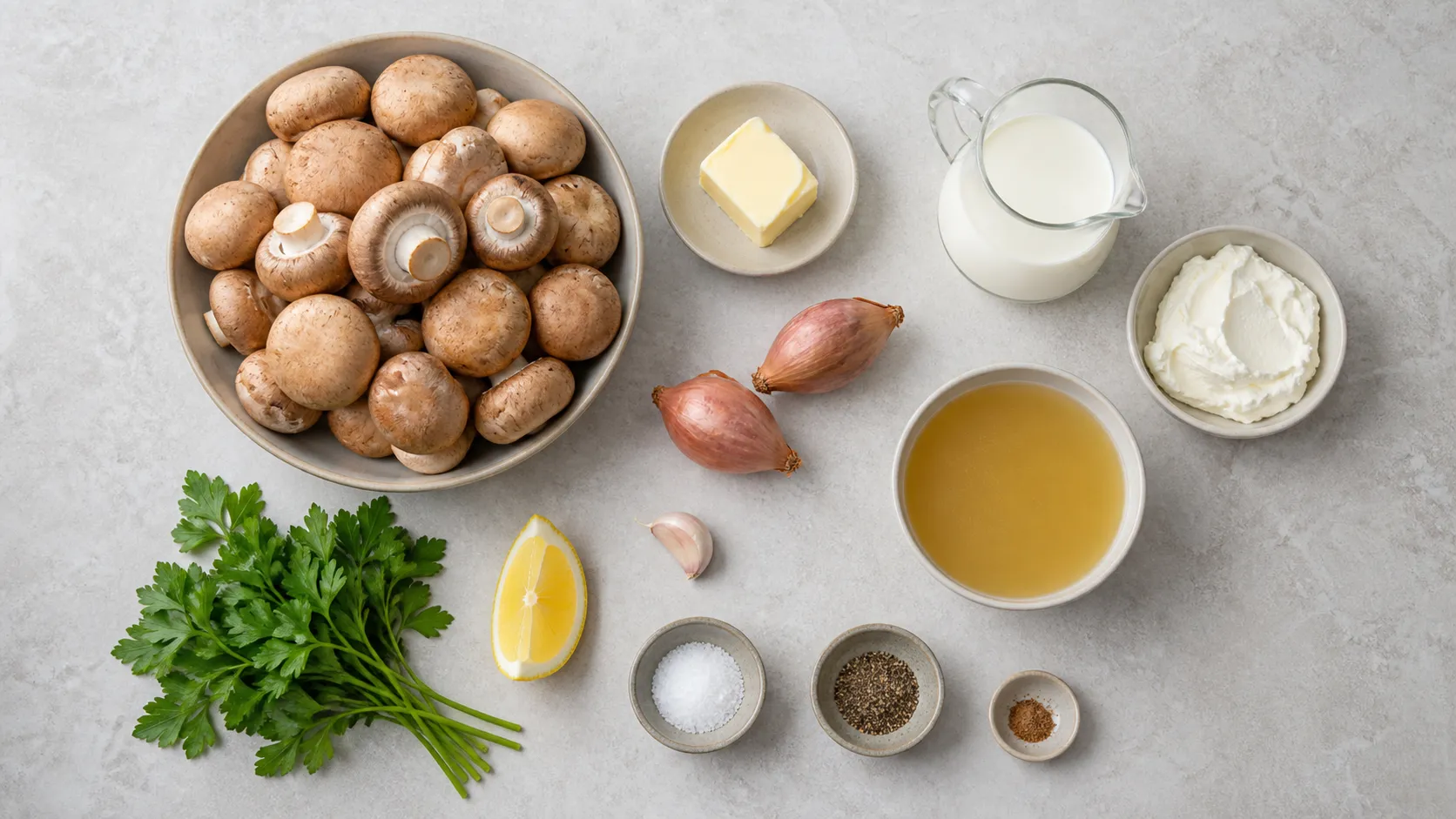 Zutaten für Keto-Champignonsuppe: braune Champignons, Butter, Schalotten, Knoblauch, Sahne, Frischkäse und Petersilie
