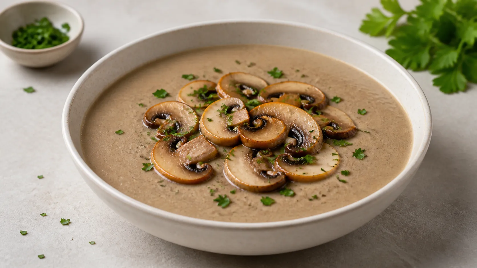 Cremige Champignon-Rahmsuppe in einem tiefen Teller mit gebratenen Pilzscheiben und gehackter Petersilie