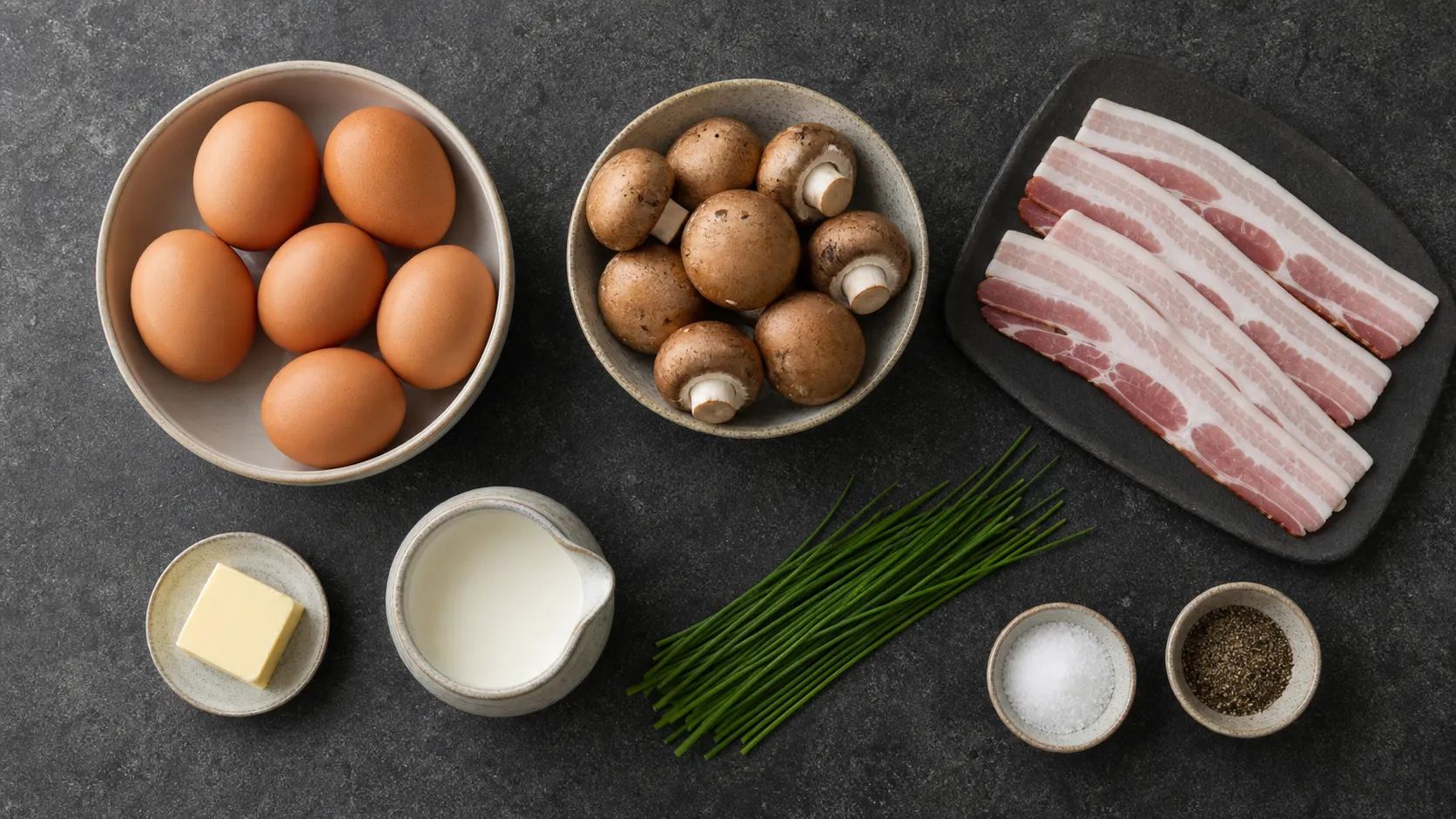 Zutaten für Keto-Rührei: Eier, Champignons, Frühstücksspeck, Butter, Sahne und Schnittlauch