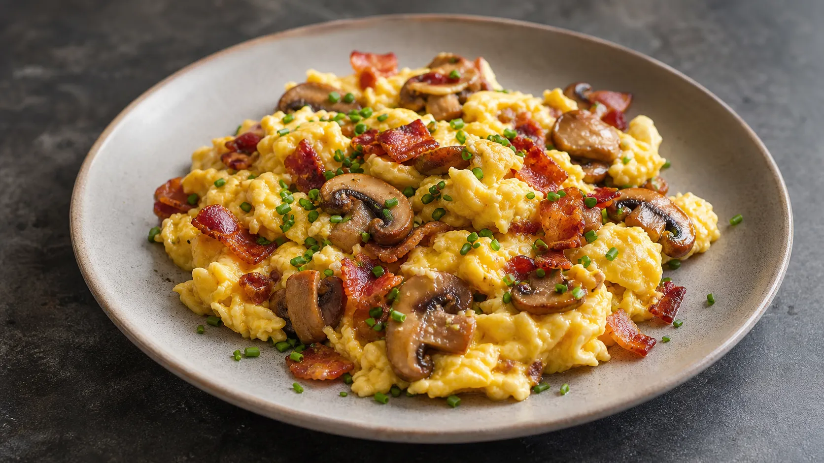 Cremiges Keto-Rührei mit gebratenen Champignons, knusprigem Speck und Schnittlauch auf einem Teller