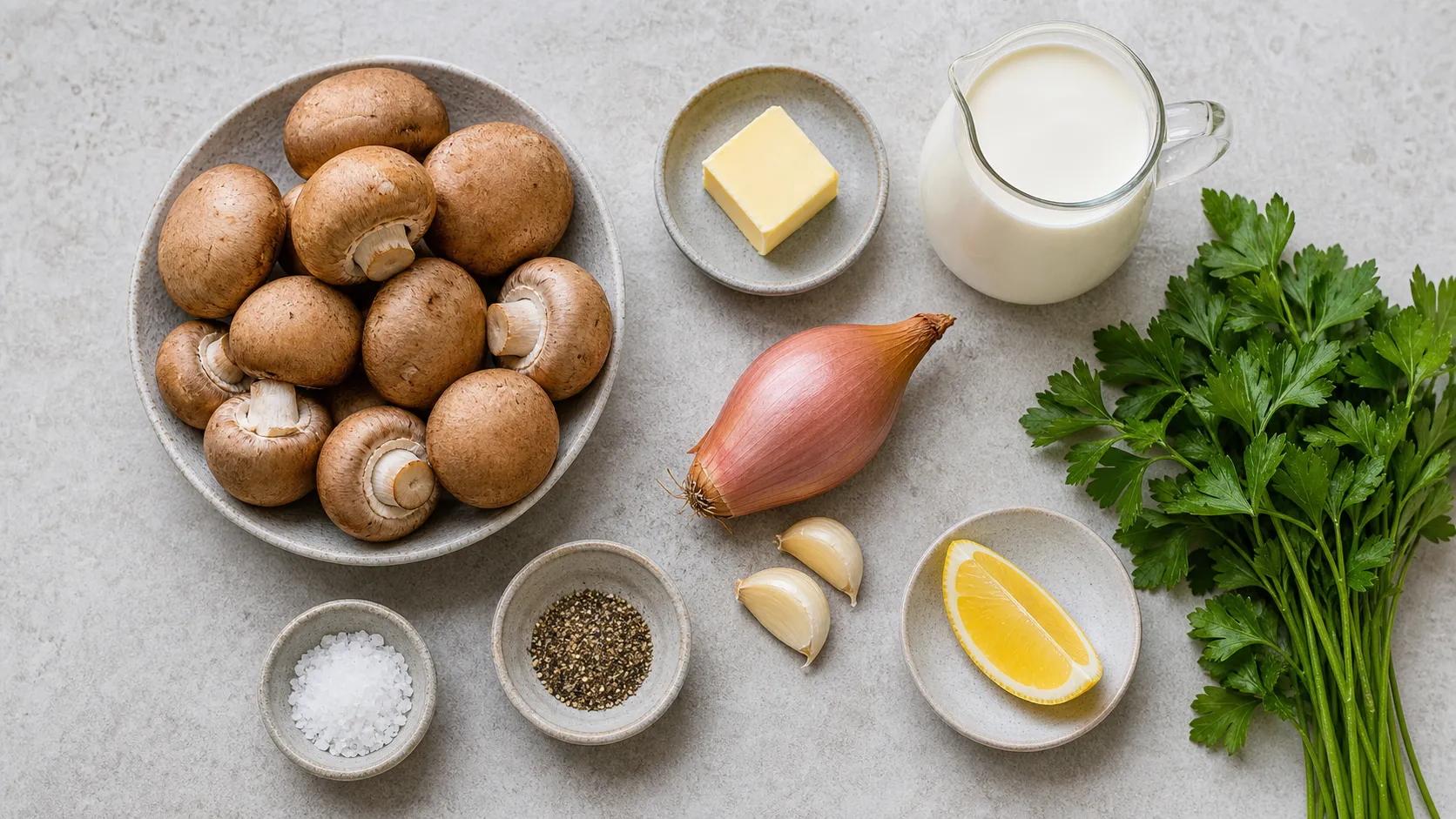 Zutaten für Keto-Rahmchampignons: braune Champignons, Sahne, Butter, Schalotte, Knoblauch, Petersilie und Zitrone