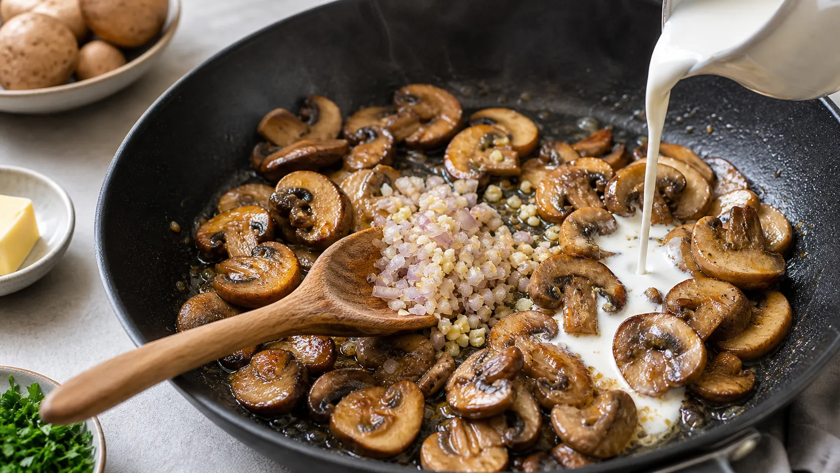 Champignons braten in Butter in der Pfanne, Sahne wird für die Rahmsauce angegossen