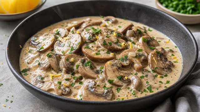 Keto-Rahmchampignons mit goldbraunen Pilzscheiben, Sahnesauce und Petersilie in einer Schale