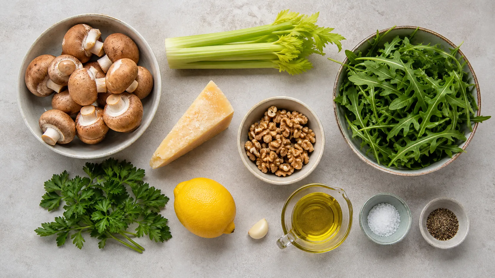 Zutaten für den rohen Champignonsalat: braune Champignons, Staudensellerie, Rucola, Parmesanstück, Walnüsse, Zitrone und Olivenöl