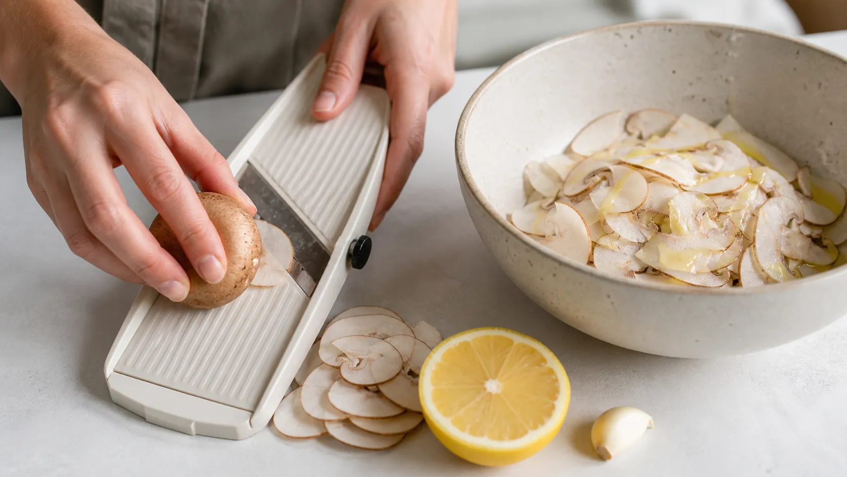 Champignons werden mit einem Gemüsehobel in hauchdünne Scheiben geschnitten und in einer Schüssel mit Zitronenöl mariniert
