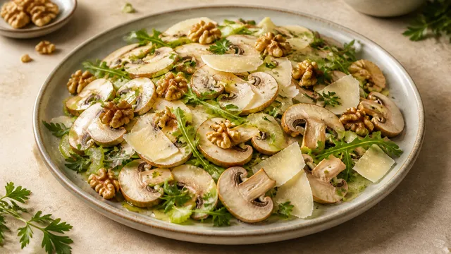 Flacher Teller mit dünn gehobelten rohen Champignons, Parmesanspänen, Walnusskernen und Rucola
