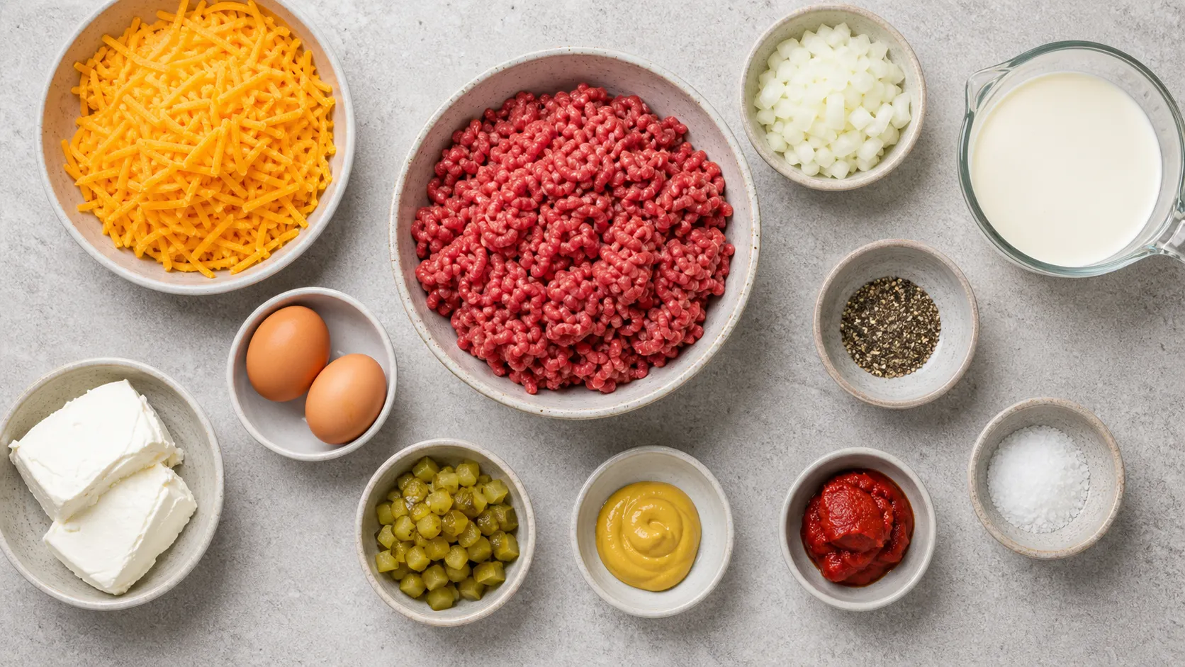 Zutaten für Keto-Cheeseburger-Auflauf: Rinderhack, Cheddar, Frischkäse, Gewürzgurken, Zwiebel und Eier