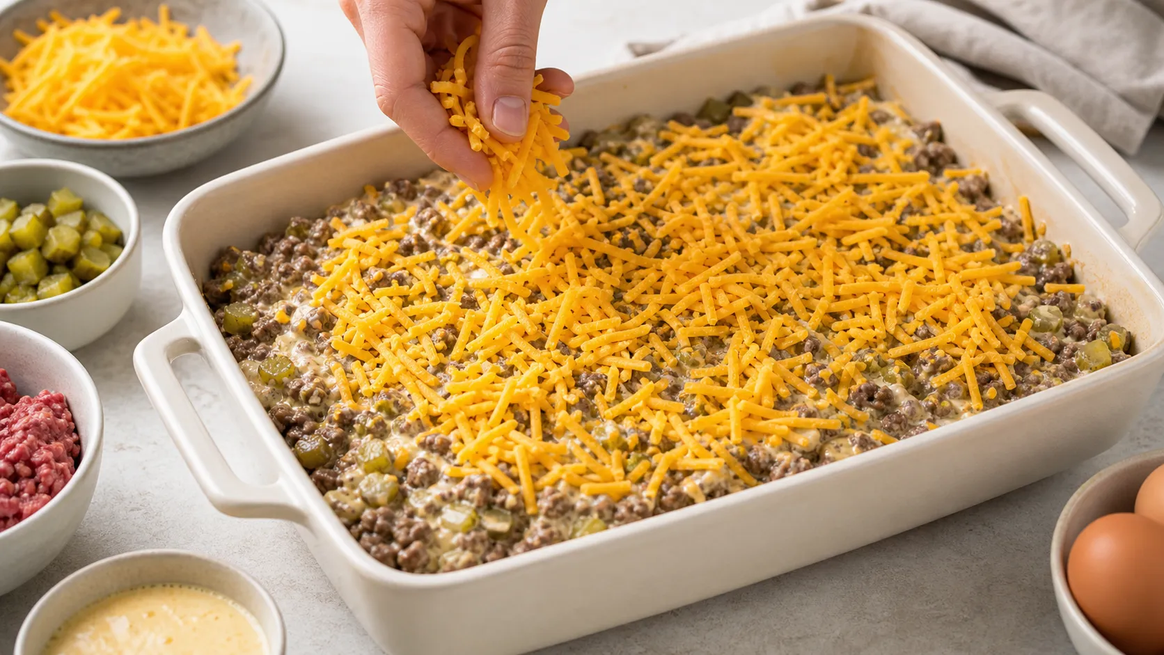 Angebratenes Rinderhack mit Frischkäse-Ei-Masse in der Auflaufform, mit Cheddar bestreut