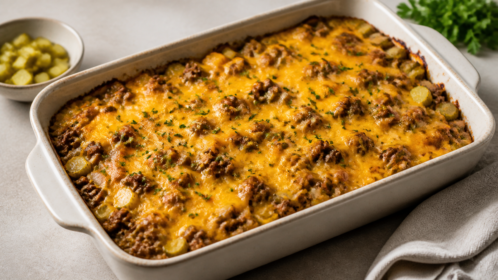 Goldgelb überbackener Keto-Cheeseburger-Auflauf mit Rinderhack, Cheddar und Gewürzgurken in einer Auflaufform