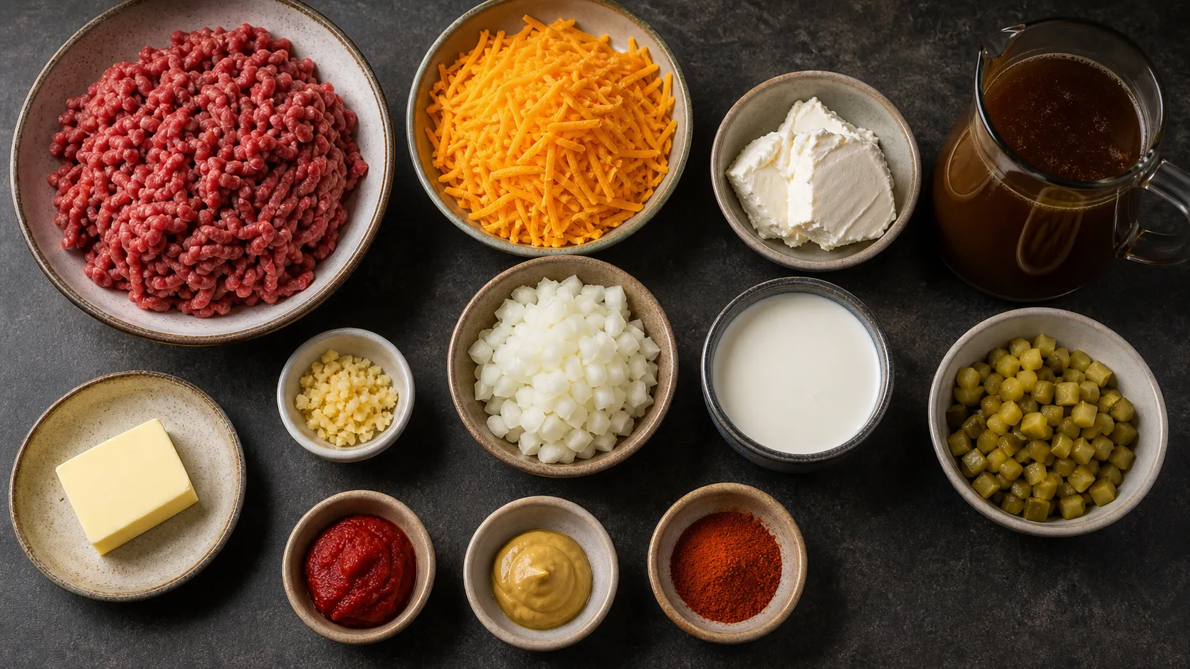 Zutaten für Keto-Cheeseburger-Suppe: Rinderhack, Cheddar, Frischkäse, Sahne, Gewürzgurken und Tomatenmark