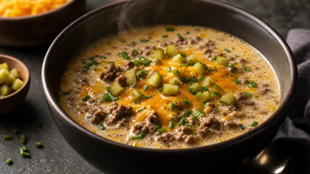 Cremige Keto-Cheeseburger-Suppe mit Rinderhack, Cheddar, Gewürzgurken und Schnittlauch in einer Schale
