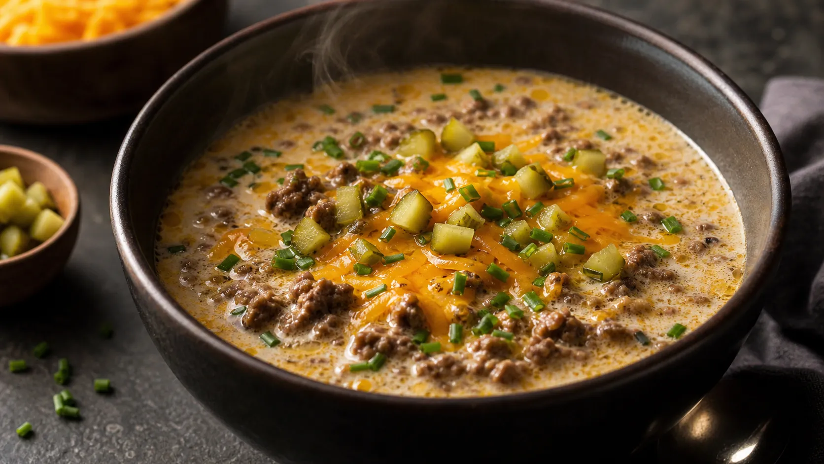 Cremige Keto-Cheeseburger-Suppe mit Rinderhack, Cheddar, Gewürzgurken und Schnittlauch in einer Schale