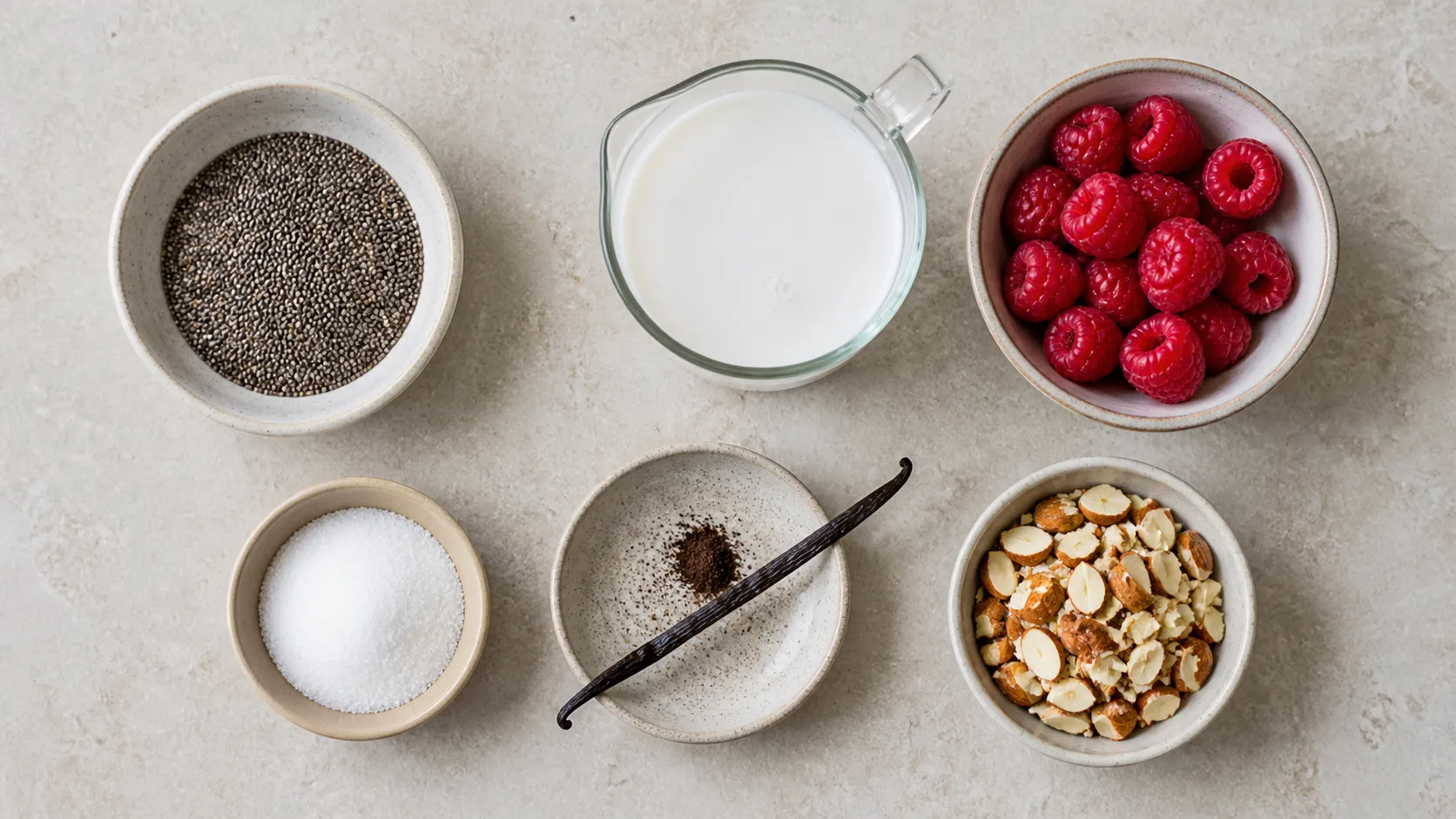 Zutaten: Chiasamen, Kokosmilch, Vanille, Erythrit, Himbeeren, Mandeln