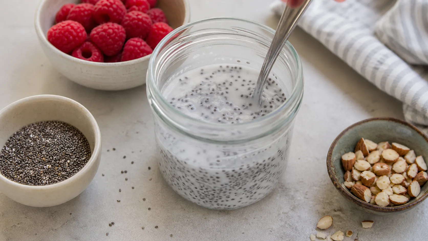 Chiasamen werden in einem Glas mit Kokosmilch verrührt, daneben Himbeeren und gehackte Mandeln
