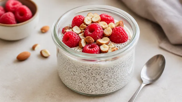 Cremiger Chia-Pudding im Glas mit einer Schicht Himbeeren obenauf und gehackten Mandeln