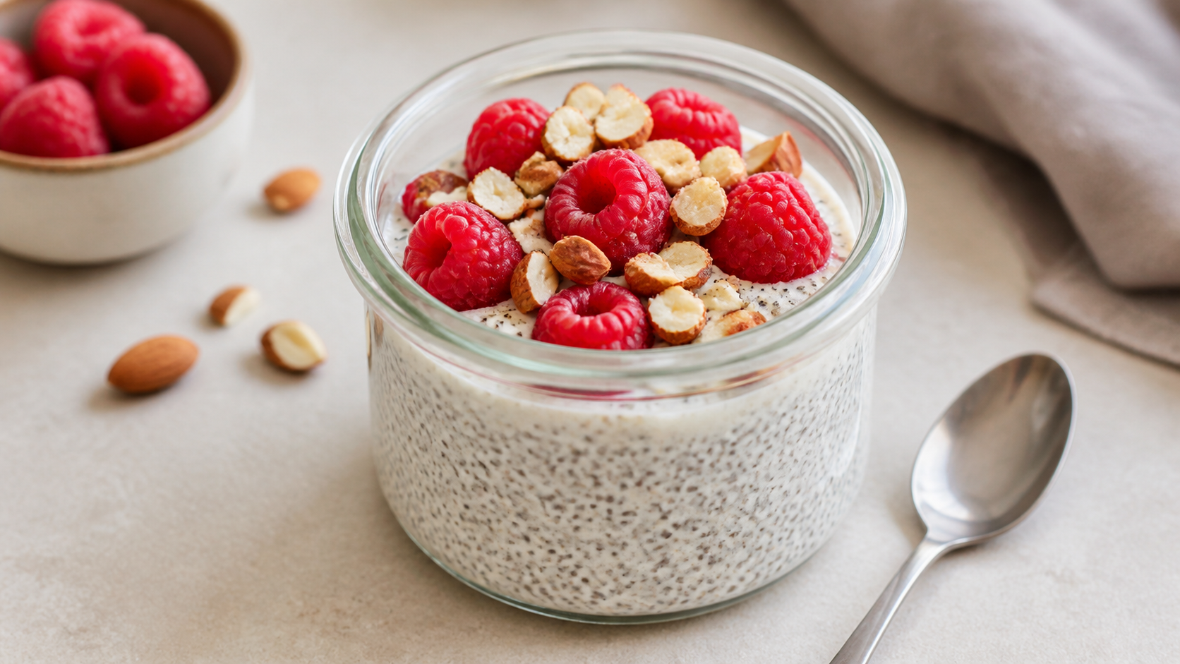 Cremiger Chia-Pudding im Glas mit einer Schicht Himbeeren obenauf und gehackten Mandeln