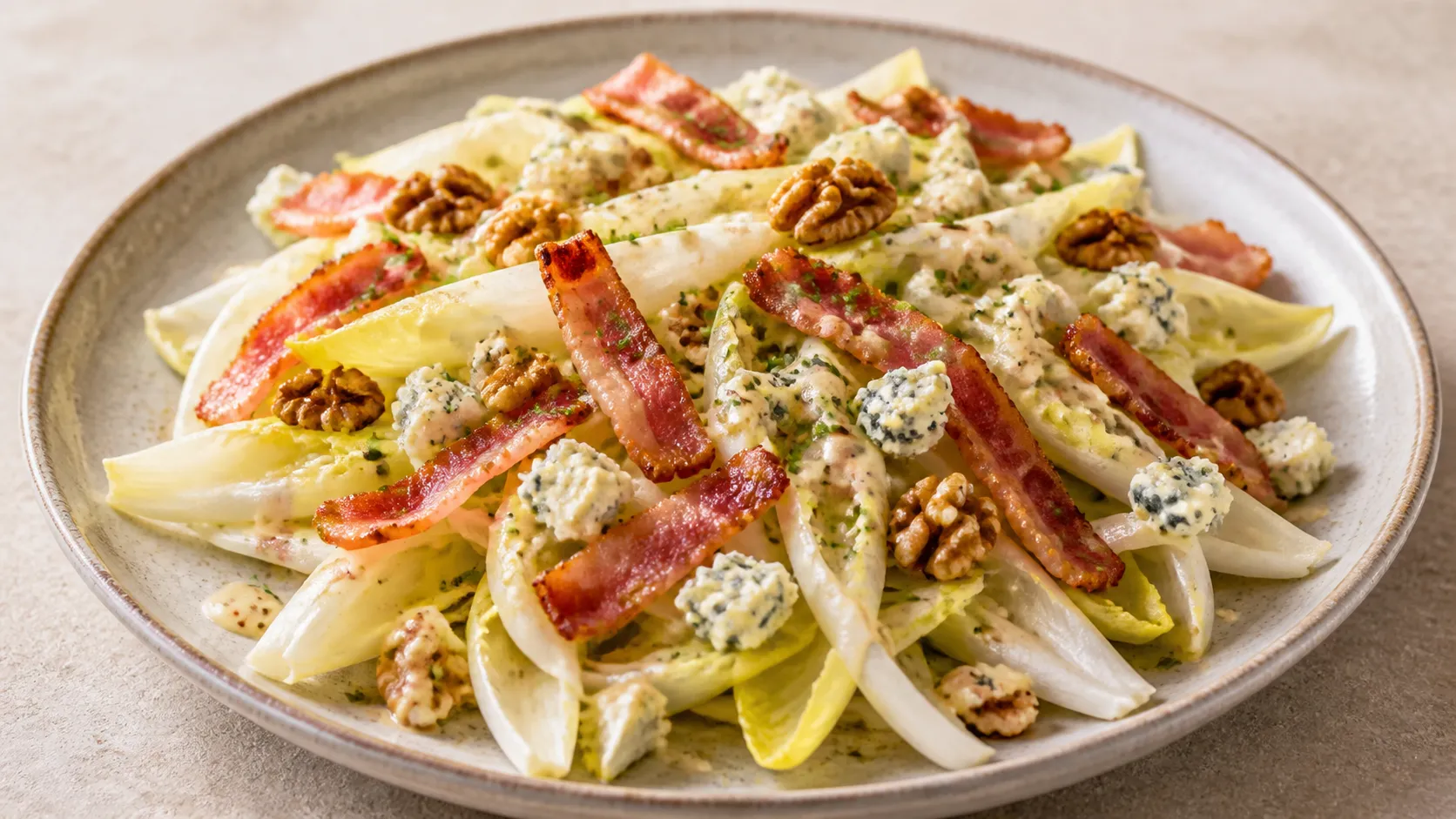 Keto-Chicorée-Salat mit gerösteten Walnüssen, zerbröseltem Roquefort und knusprigem Speck auf einem flachen Teller