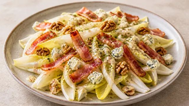 Keto-Chicorée-Salat mit gerösteten Walnüssen, zerbröseltem Roquefort und knusprigem Speck auf einem flachen Teller