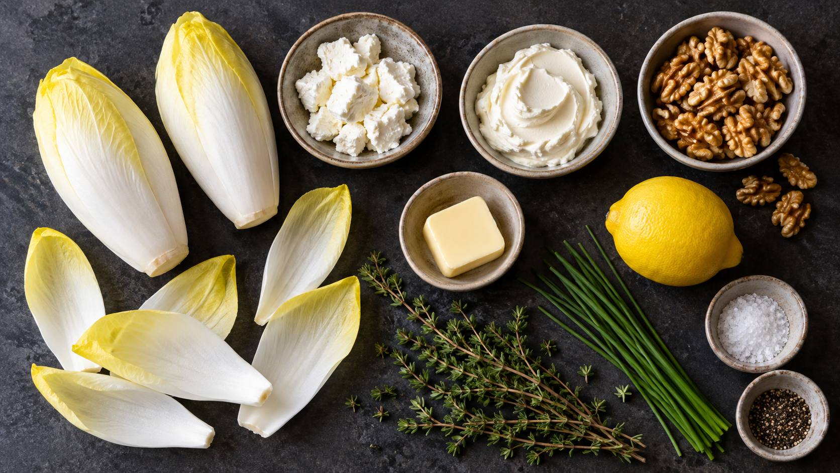 Zutaten für Keto-Chicorée-Schiffchen: zwei Chicorée-Kolben, Ziegenfrischkäse, Doppelrahmfrischkäse, Walnusskerne, Butter, Thymianzweige, Zitrone und Schnittlauch