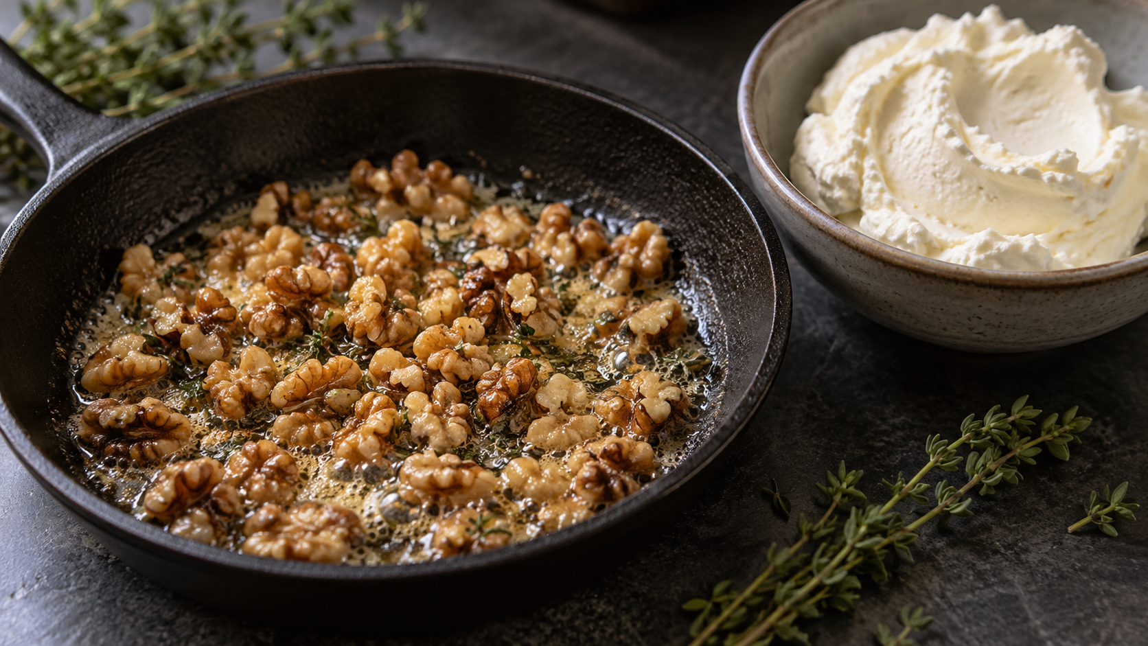 Walnusskerne werden in einer kleinen Pfanne mit Butter und Thymian geröstet, daneben eine Schüssel mit glatt gerührter Ziegenfrischkäse-Creme
