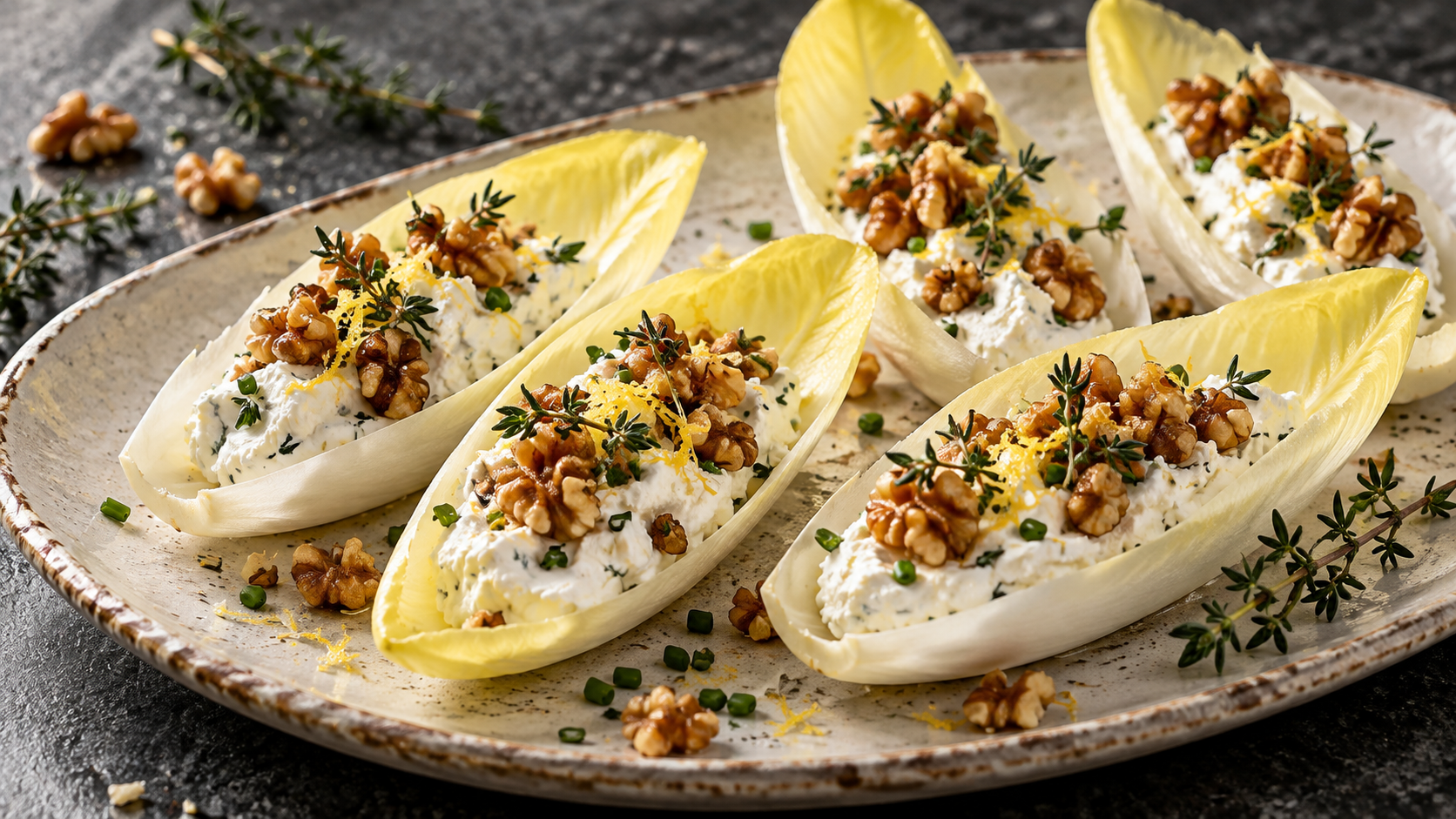 Mehrere hellgelbe Chicorée-Blätter auf einer Servierplatte, gefüllt mit weißer Ziegenfrischkäse-Creme, bestreut mit gerösteten Walnüssen, Thymianblättchen, Zitronenabrieb und Schnittlauch
