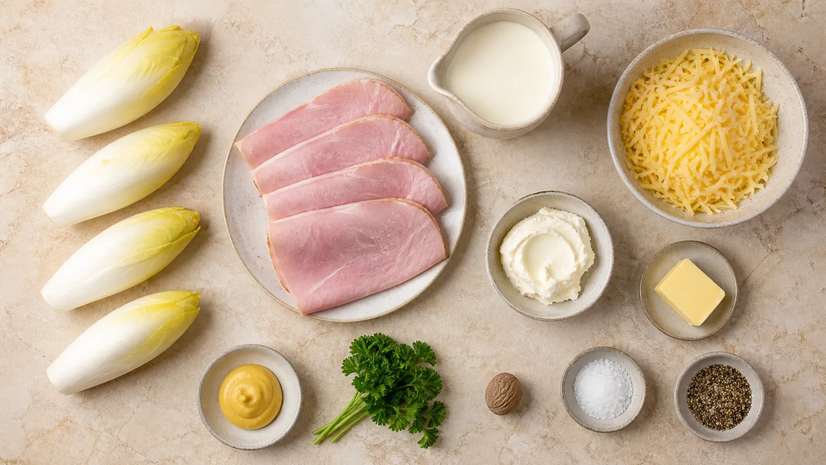 Zutaten: vier Chicorée-Stauden, Scheiben Kochschinken, Sahne, geriebener Gouda, Frischkäse, Butter und Senf