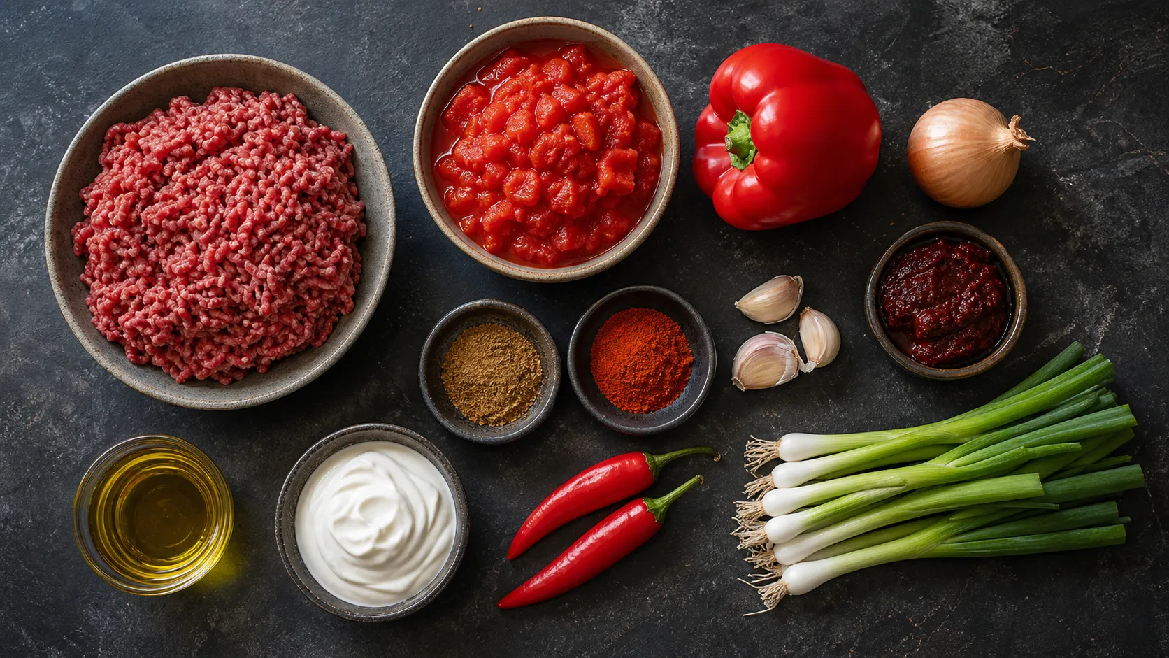 Flatlay der Zutaten für Keto-Chili con Carne mit Rinderhack, Tomaten, Chipotle, Paprika und Chili