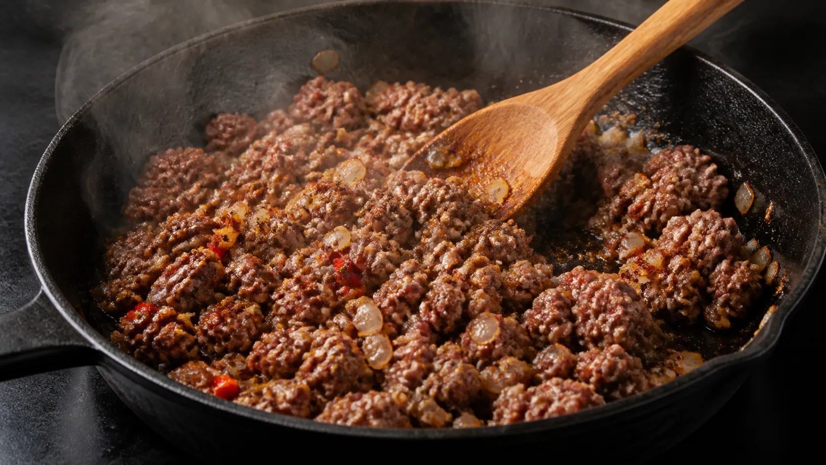 Rinderhack für Keto-Chili con Carne wird mit Zwiebeln, Chili und Gewürzen angebraten