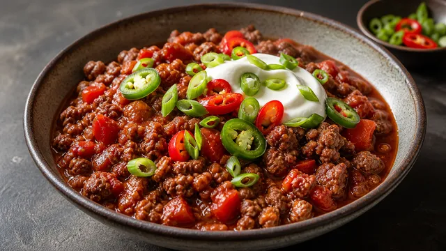 Fertiges Keto-Chili con Carne ohne Bohnen mit Sauerrahm, Jalapeños und Frühlingszwiebeln