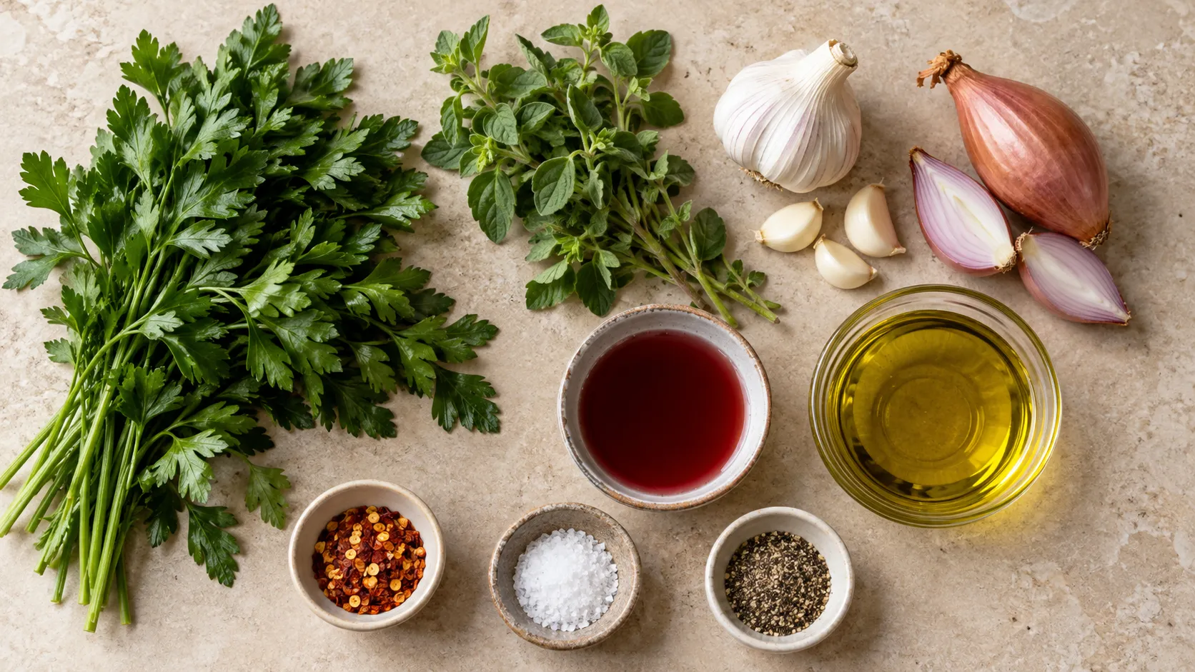 Zutaten für Keto-Chimichurri: ein Bund glatte Petersilie, frischer Oregano, Knoblauchzehen, eine Schalotte, Rotweinessig, Olivenöl, Chiliflocken und grobes Salz