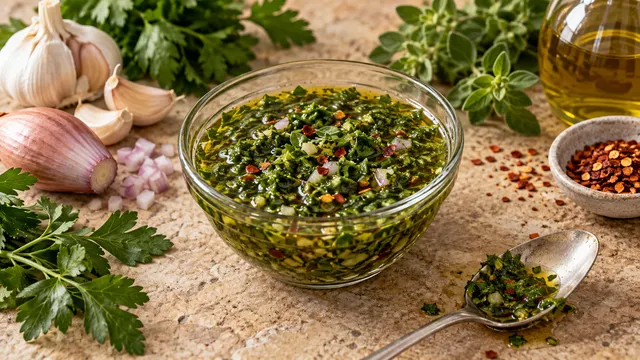 Kräftig grüne Keto-Chimichurri mit sichtbaren Petersilien- und Oreganostücken in einem Glas, daneben ein aufgeschnittenes Steak