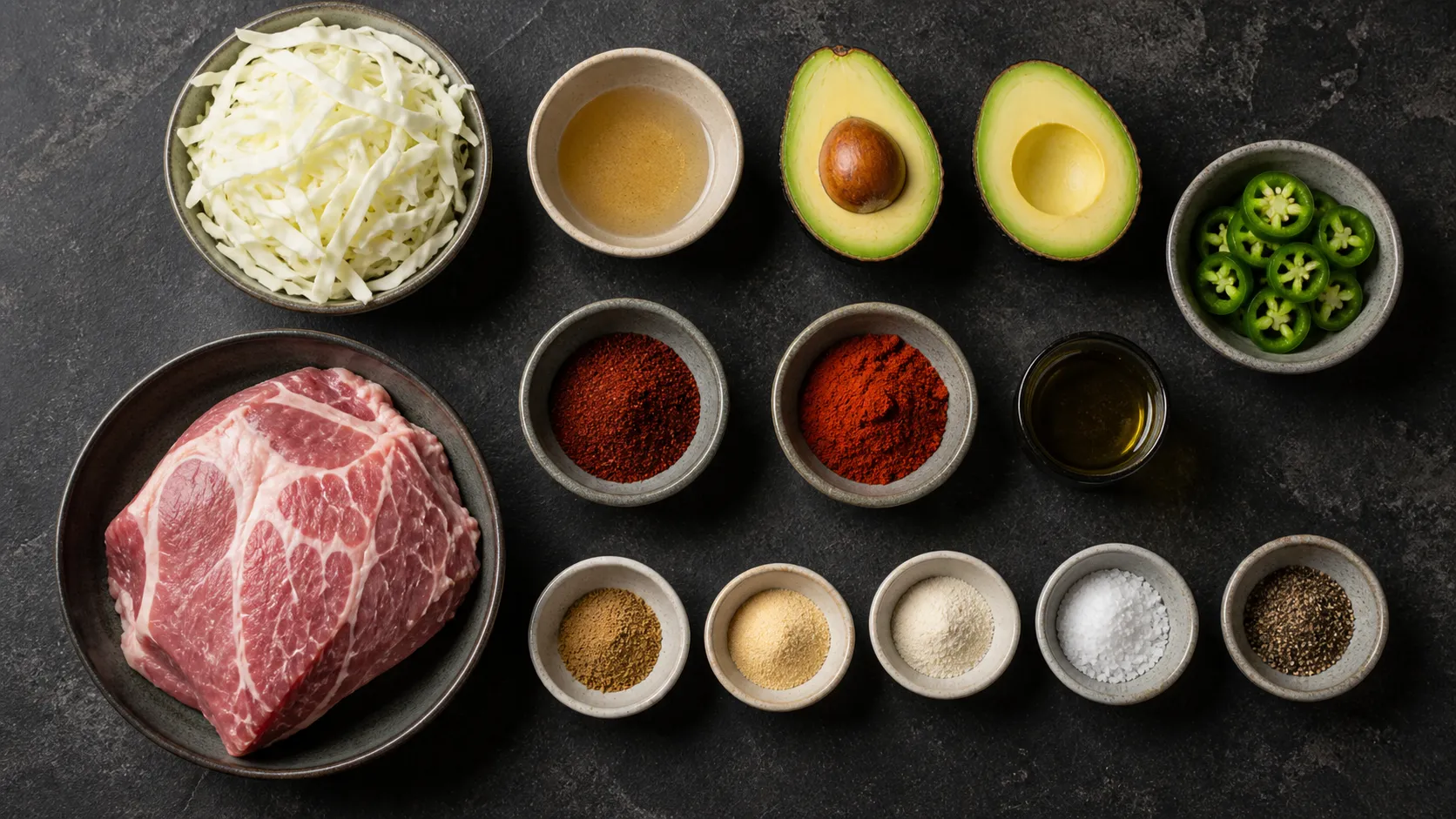 Flatlay der Zutaten für Keto-Chipotle-Pulled-Pork mit Schweineschulter, Gewürzen, Kohl und Avocado