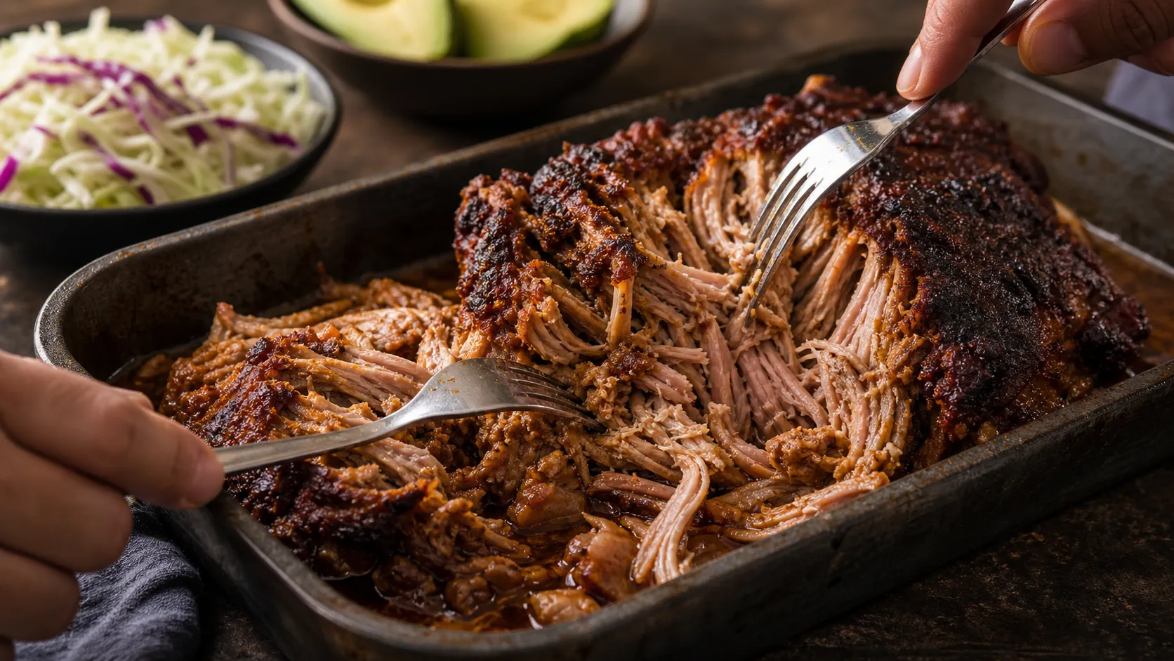 Geschmorte Schweineschulter wird für Keto-Pulled-Pork mit zwei Gabeln zerfasert