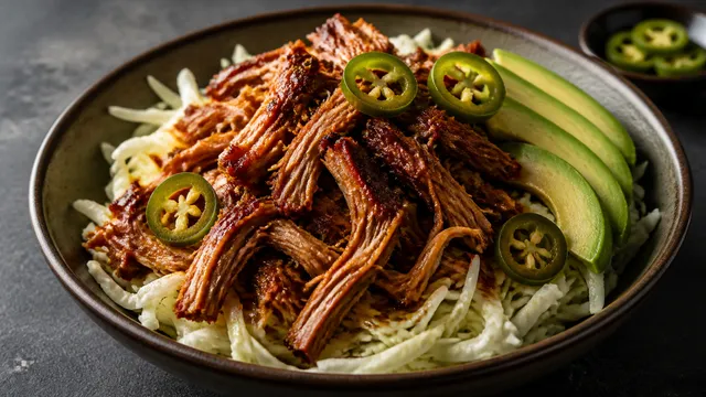 Fertige Keto-Chipotle-Pulled-Pork-Bowl mit Krautsalat, Avocado und Jalapeños