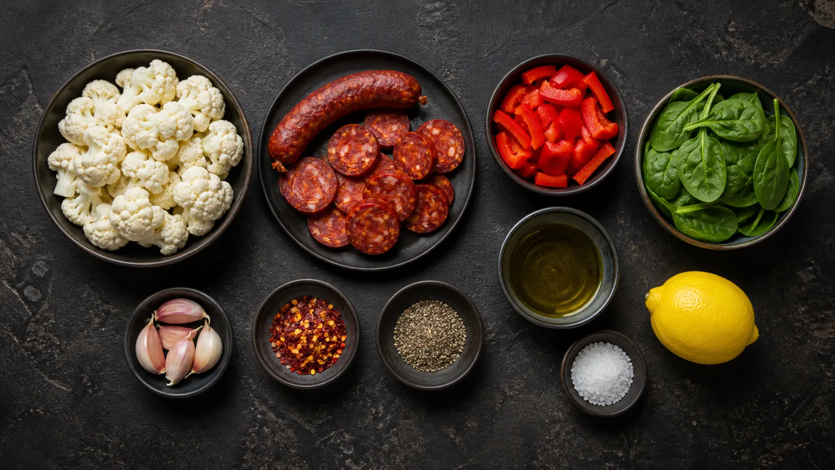 Flatlay der Zutaten für Keto-Chorizo-Blumenkohl-Pfanne mit Chorizo, Blumenkohl, Paprika und Spinat
