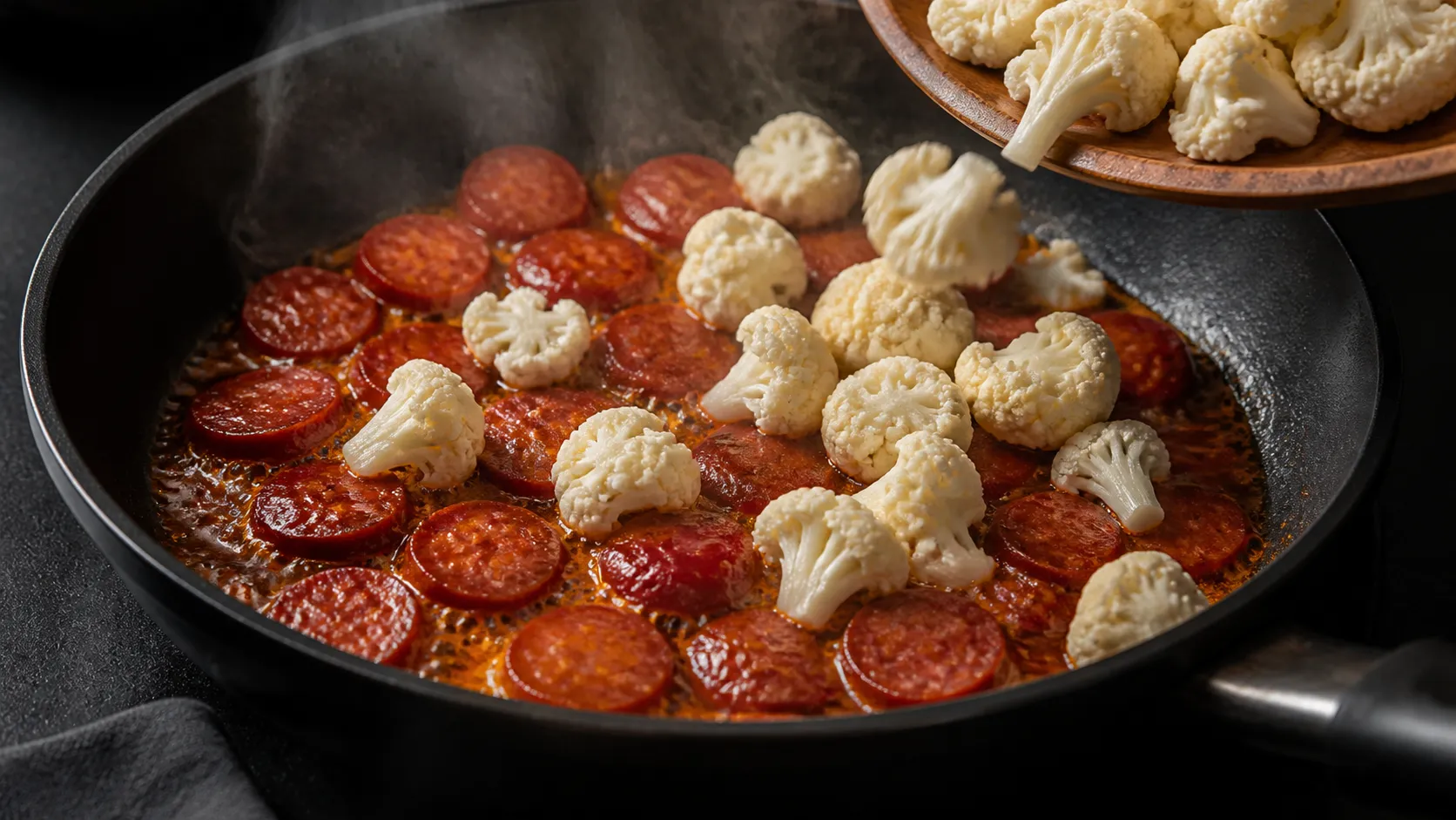 Chorizo-Scheiben braten in der Pfanne und geben rotes Paprika-Oel ab
