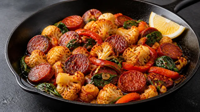 Fertige Keto-Chorizo-Blumenkohl-Pfanne mit Paprika, Spinat und rotem Chorizo-Oel
