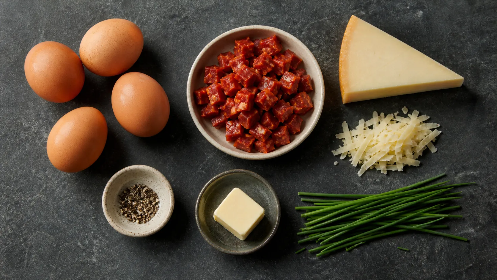 Zutaten für Keto Chorizo-Rührei mit Eiern, Chorizo, Manchego, Butter und Schnittlauch