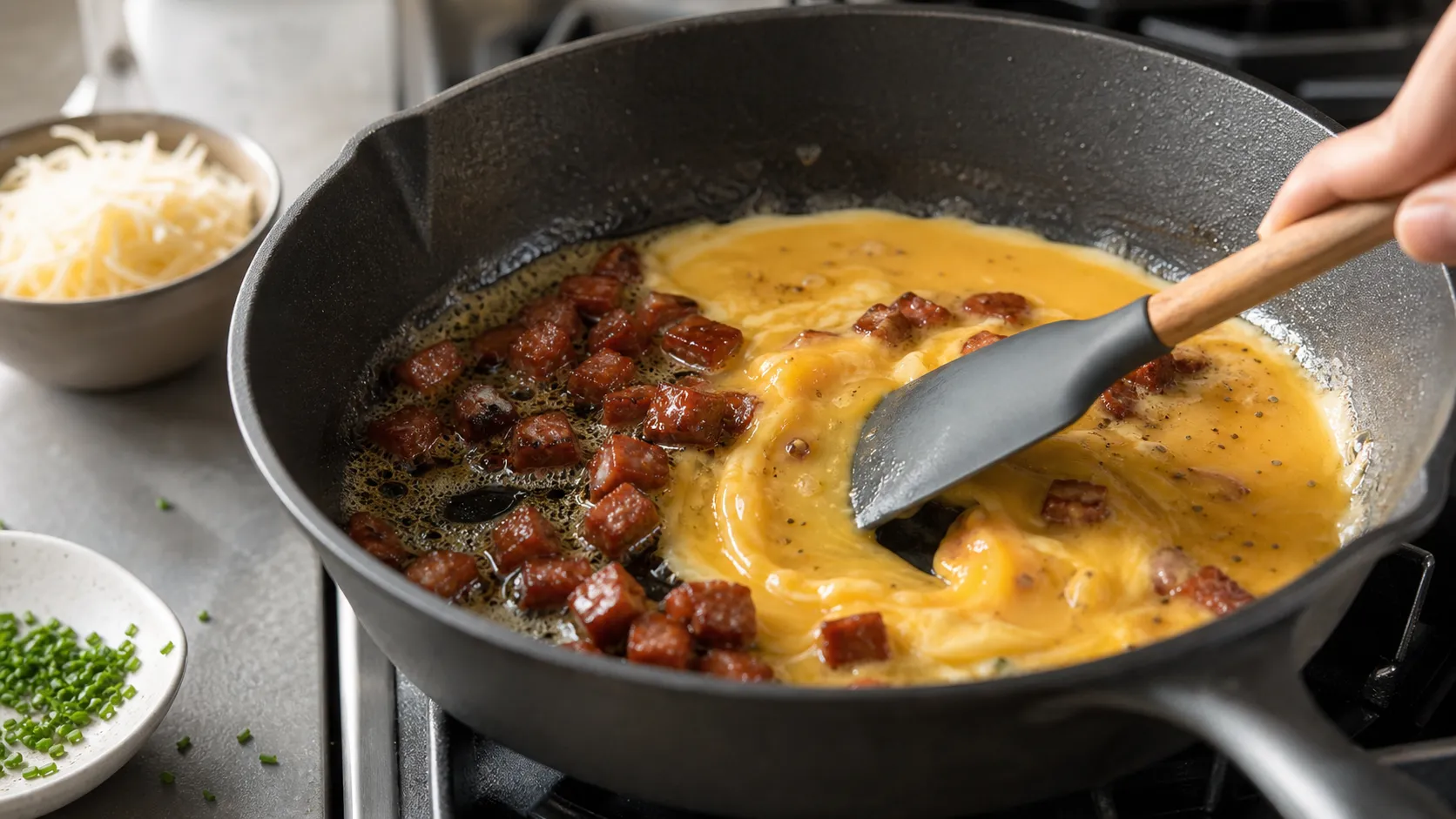 Chorizo wird in Butter angebraten und mit verquirlten Eiern in der Pfanne cremig gerührt