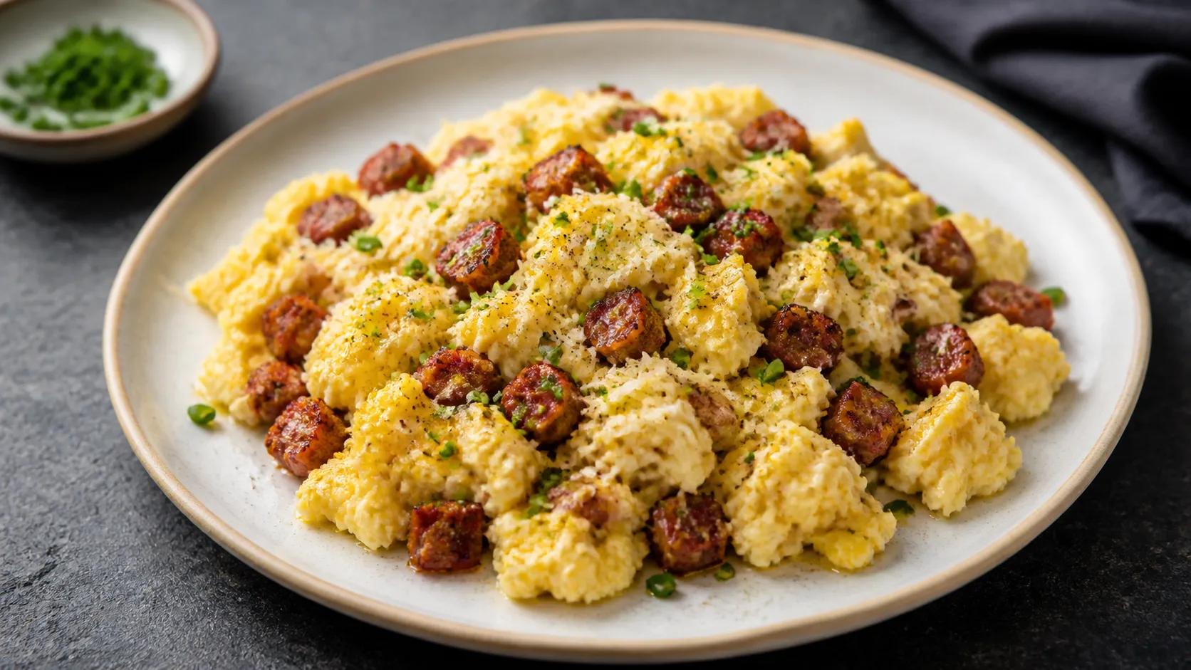 Keto Chorizo-Rührei mit Manchego und Schnittlauch cremig auf einem Teller angerichtet